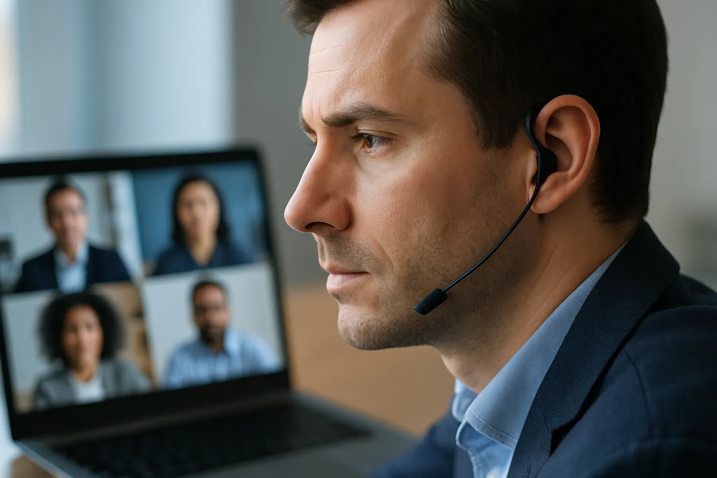 Professionnelle avec casque écoutant une réunion traduite